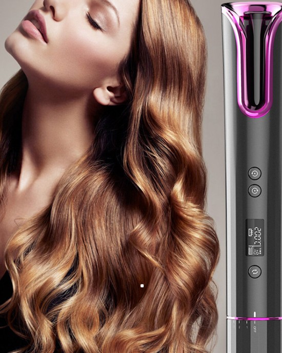 Portable Automatic Hair Curler Rechargeable Cordless LCD Display Curling Iron Corrugation Rotating Temperature Setting Hair Styler