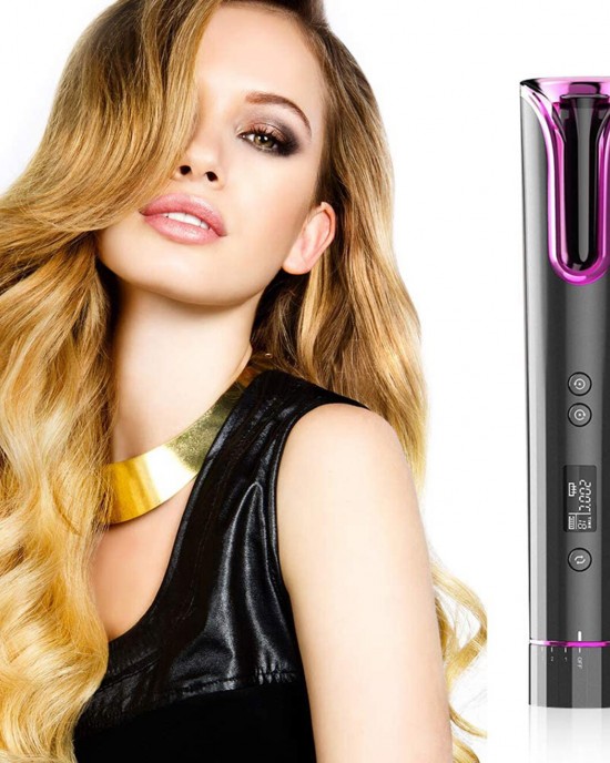 Portable Automatic Hair Curler Rechargeable Cordless LCD Display Curling Iron Corrugation Rotating Temperature Setting Hair Styler
