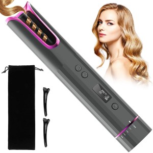 Portable Automatic Hair Curler Rechargeable Cordless LCD Display Curling Iron Corrugation Rotating Temperature Setting Hair Styler