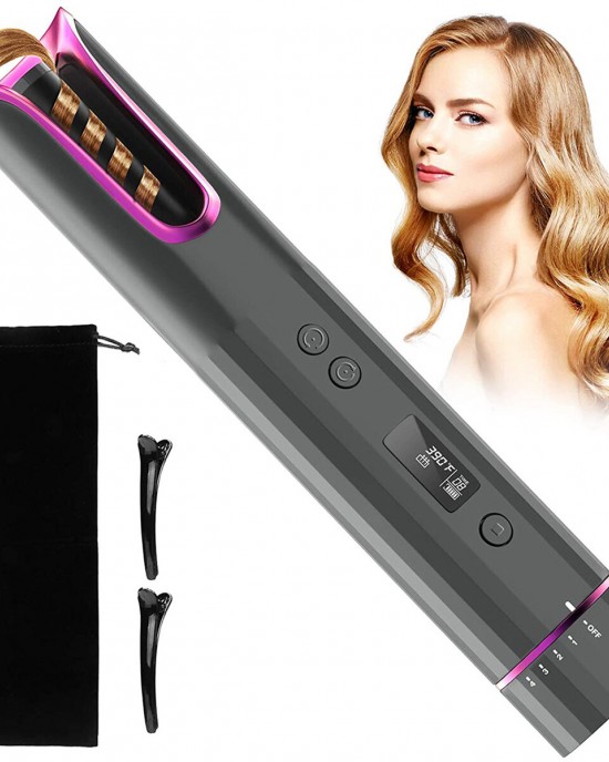 Portable Automatic Hair Curler Rechargeable Cordless LCD Display Curling Iron Corrugation Rotating Temperature Setting Hair Styler